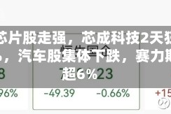 港股芯片股走强，芯成科技2天狂飙400%，汽车股集体下跌，赛力斯跌超6%