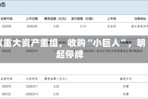 拟重大资产重组，收购“小巨人”，明起停牌