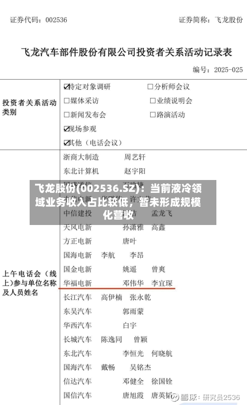 飞龙股份(002536.SZ)：当前液冷领域业务收入占比较低，暂未形成规模化营收-第1张图片